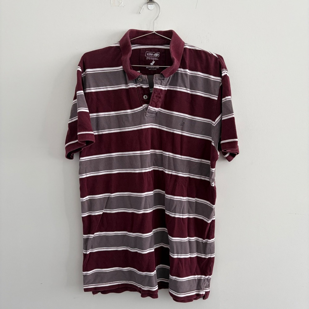 Urban Pipeline Mens Striped Polo Shirt Burgundy Gray White Short Sleeve Large